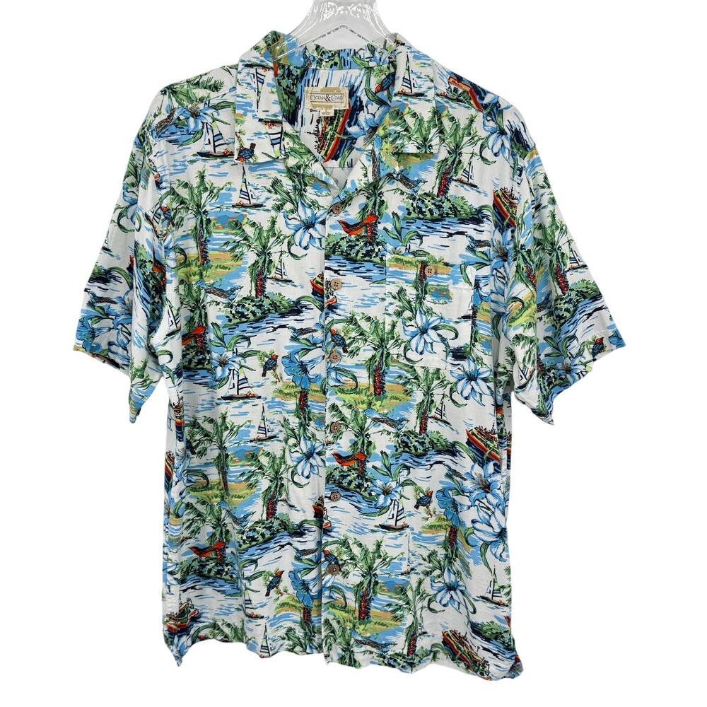 Ocean & Coast shirt men's L Hawaiian tropical floral beach bird print button